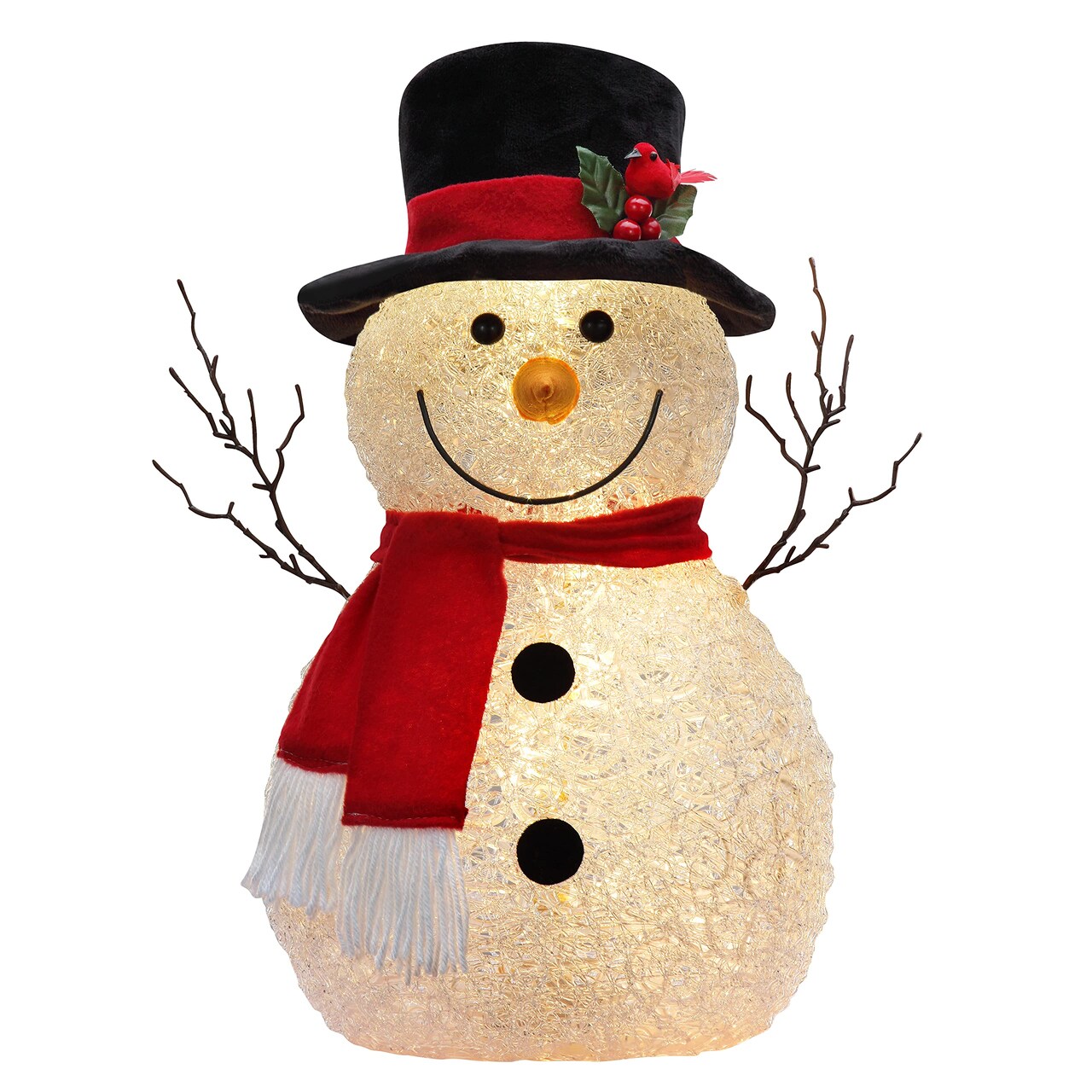 Haute Decor 17 inch Tall Spun Acrylic Snowman with Battery Operated LED Lights - Christmas and Winter Holiday Decoration for Table, Mantel, Counter, Hearth, Desk